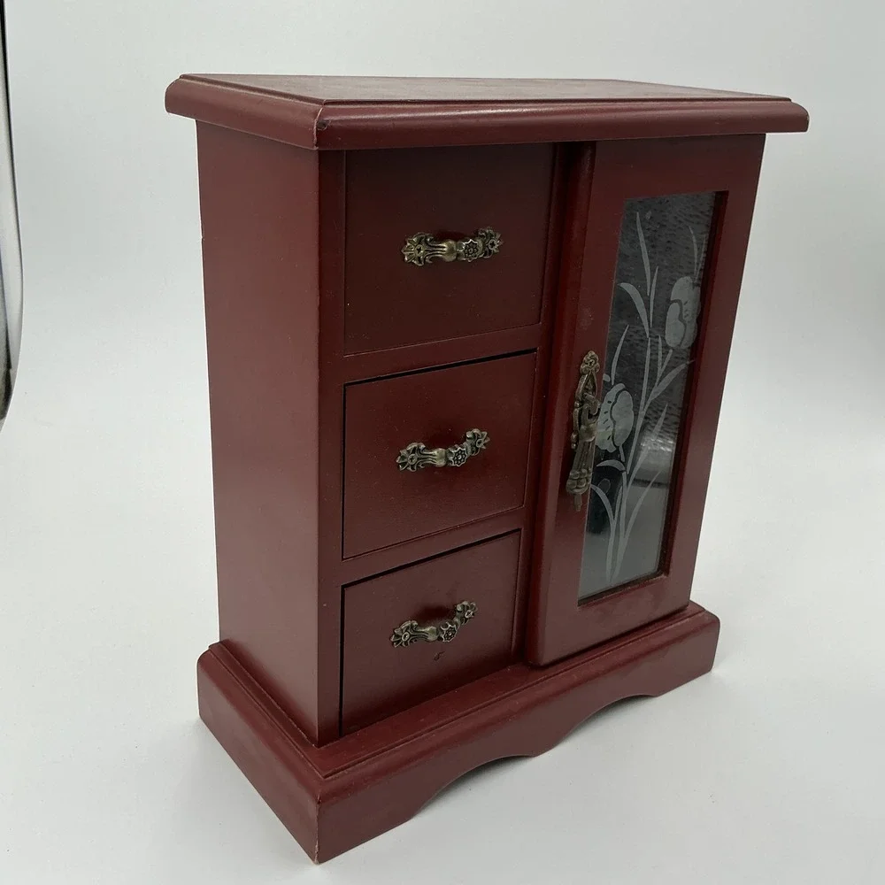 Vintage Wood Jewelry Armoire Burgundy Red 3 Drawer Floral Etched Glass Mirror